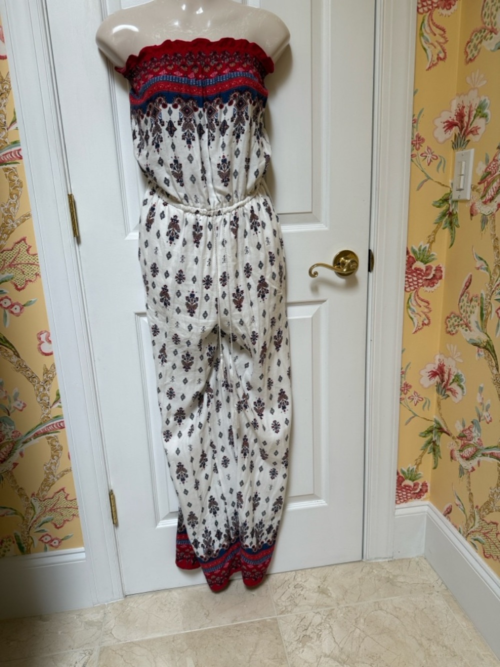 Chelsea & Violet Cream Strapless Printed Jumpsuit with Red Trim